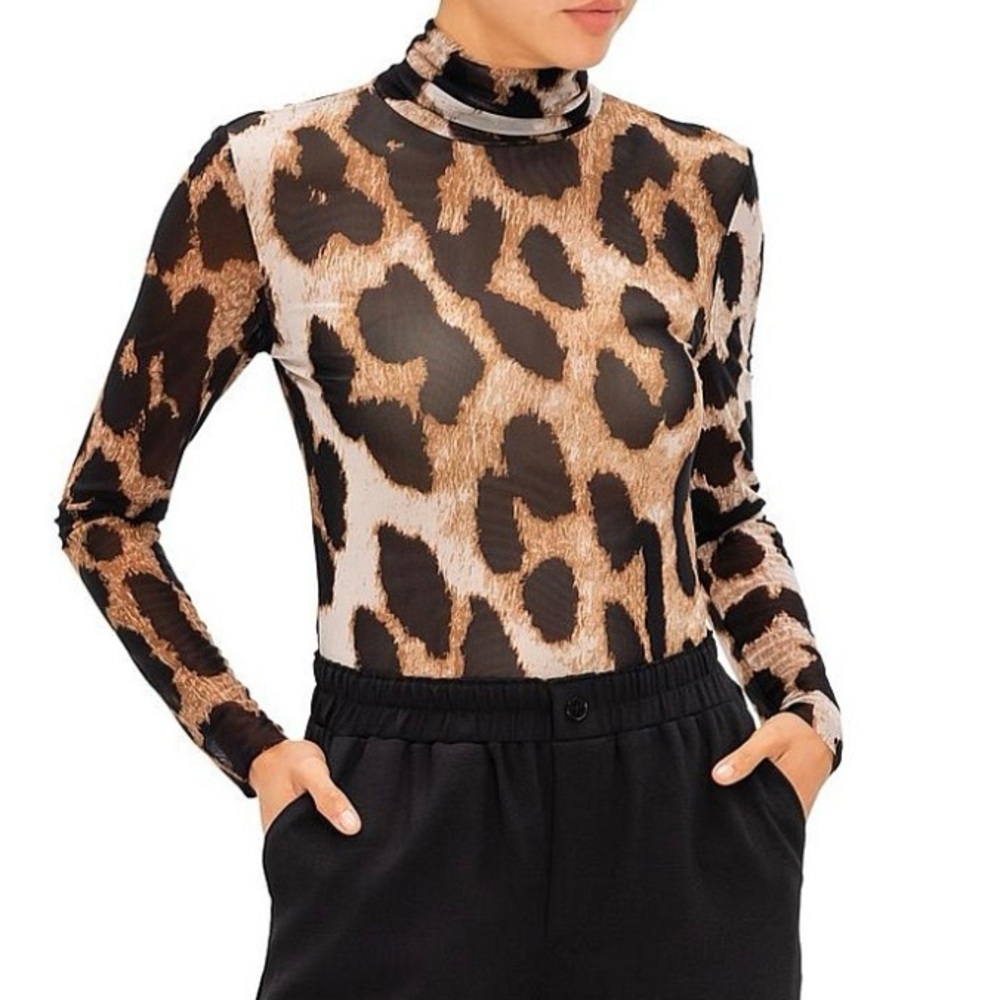 Ganni Leopard Mesh Turtleneck Shirt Sheer Long Sleeve